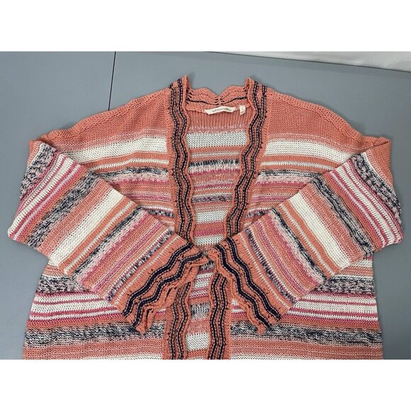 Soft Surroundings Cardigan Sweater Open Front Tunic Stripes Coral Pink Womens L - Picture 3 of 9